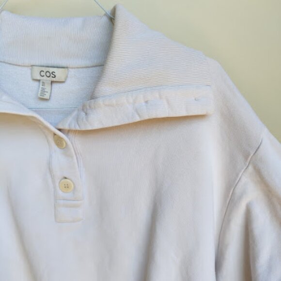 COS Beige Drawstring Hem Cropped Button Up Foldover Funnel Neck Sweater L - Picture 8 of 12